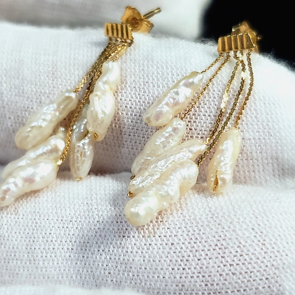14K Gold Stamped Freshwater Pearl post Dangle Earrings *EUC* - Picture 3 of 6